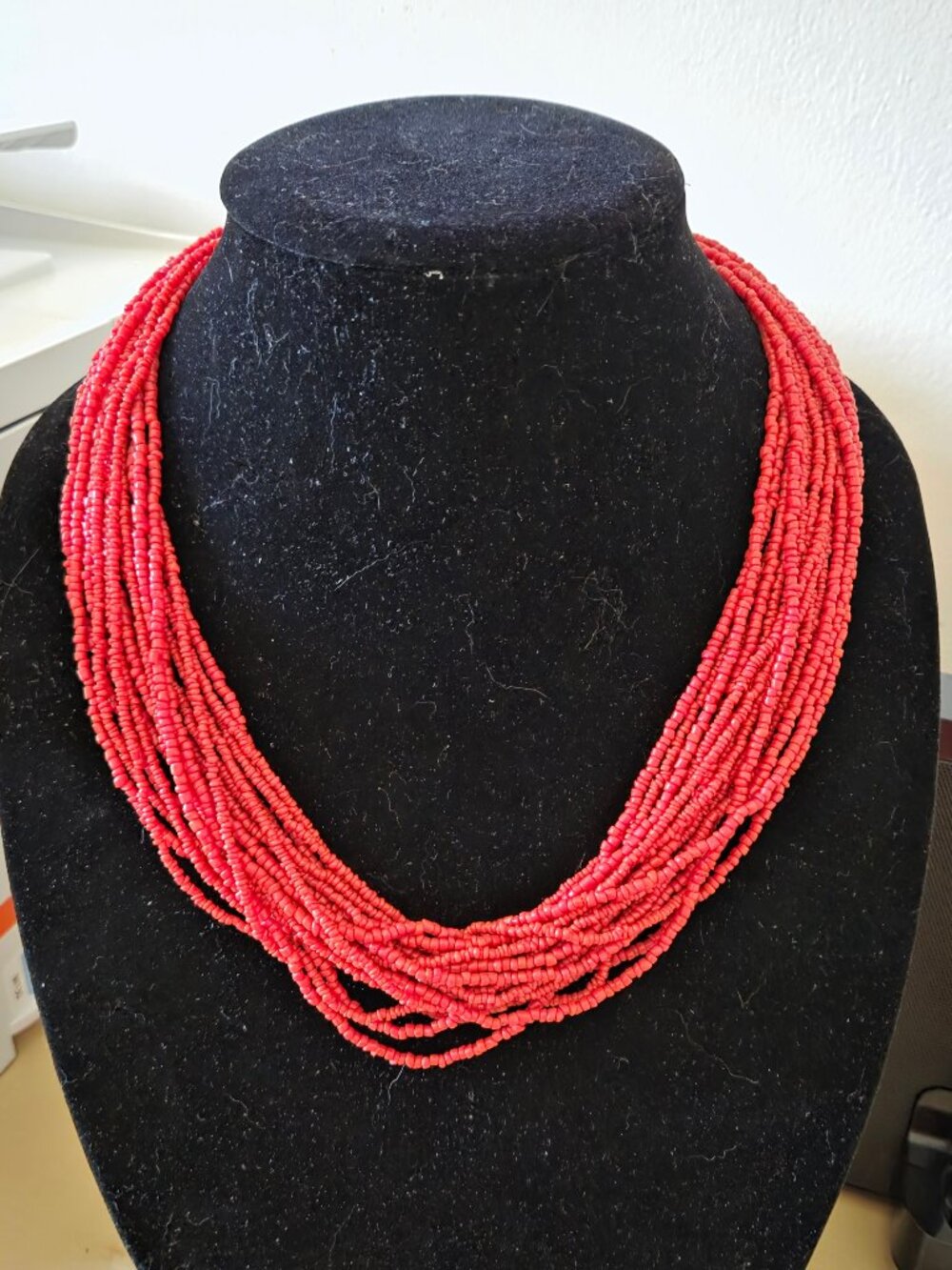 Natural Coral Seed Red Beaded Multi-Strain Necklace Evening Work Handmade